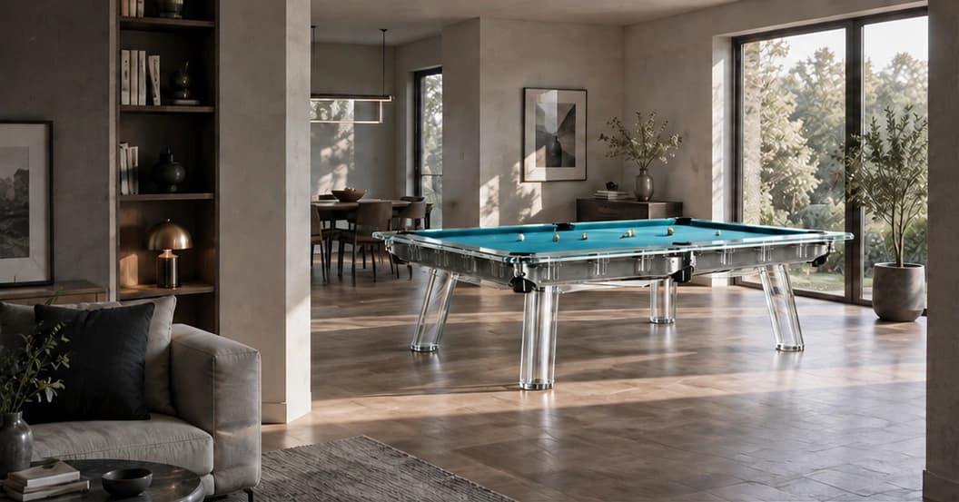 Flint Glass designer pool table with tempered glass rails in a modern interior