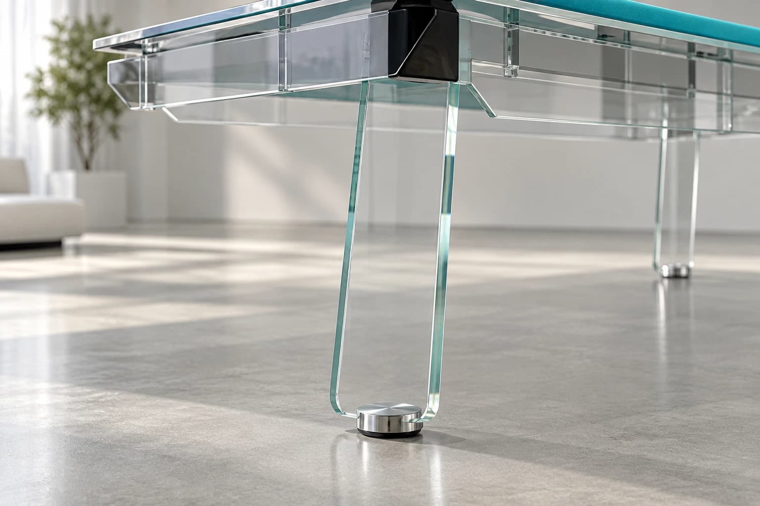 AI-generated study of the transparent slab support and rounded metal floor fitting